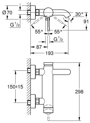 GROHE ESSENCE NEW vanová nástěnná baterie, s přepínačem, supersteel 33624DC1 Technický nákres