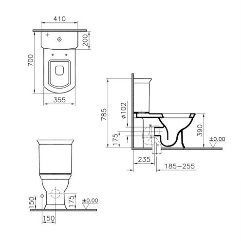 VITRA VALARTE WC kombi nádržka, boční přívod vody 4161B003-1620 Technický nákres