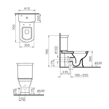 VITRA VALARTE WC kombi nádržka, boční přívod vody 4161B003-1620 Technický nákres