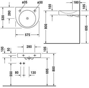 DURAVIT ARCHITEC umyvadlo 57,5 cm, bez přepadu 0443580000 Technický nákres