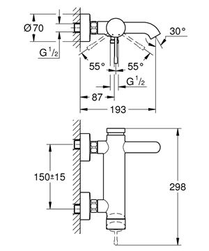 GROHE ESSENCE NEW vanová nástěnná baterie, s přepínačem, kartáčovaný hard graphite 33624AL1 Technický nákres