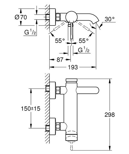 GROHE ESSENCE NEW vanová nástěnná baterie, s přepínačem, kartáčovaný hard graphite 33624AL1 Technický nákres