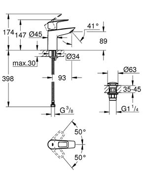 GROHE BAULOOP umyvadlová stojánková baterie, s odtokovou soupravou, chrom 23878001 Technický nákres