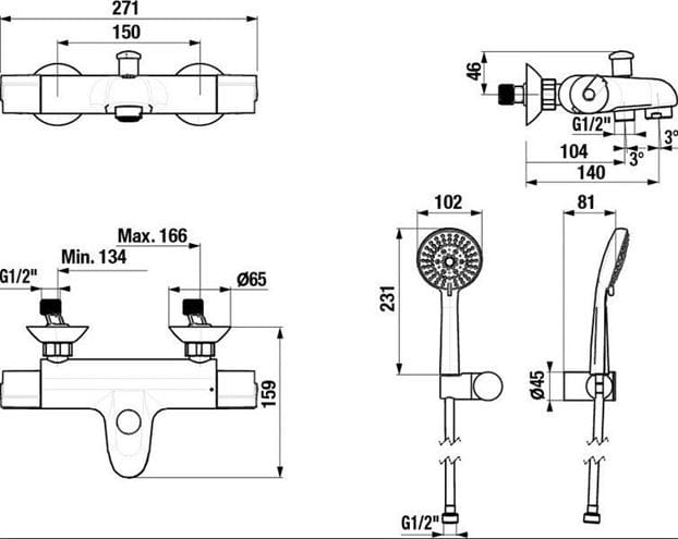 DEEP BY JIKA vanová nástěnná termostatická baterie, s přepínačem, se sprchovou soupravou, chrom H3231U70042711 Technický nákres