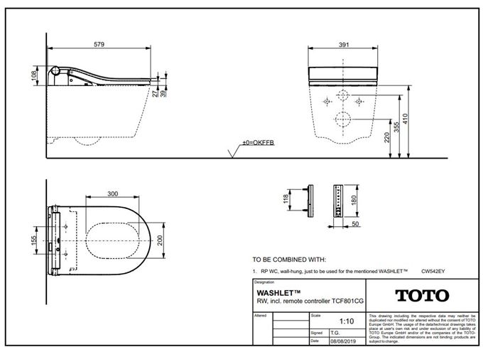 CONCEPT 300 WASHLET závěsné WC s bidetovým sedátkem, Rimless, kulaté 542EY-CON-WC-R+801CG Technický nákres
