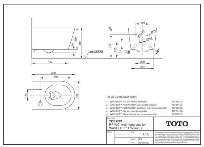 CONCEPT 300 WASHLET závěsné WC s bidetovým sedátkem, Rimless, kulaté 542EY-CON-WC-R+801CG Technický nákres