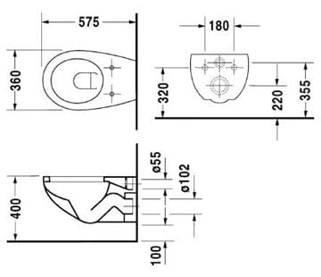DURAVIT DURAPLUS COLOMBA závěsné WC 2547090000 Technický nákres