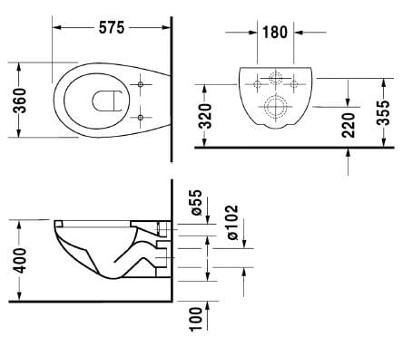 DURAVIT DURAPLUS COLOMBA závěsné WC 2547090000 Technický nákres