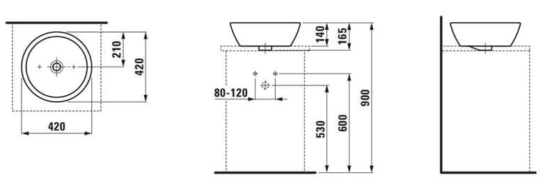 LAUFEN PRO umyvadlová mísa 42 cm, bez přepadu H8129620001121 Technický nákres