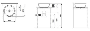LAUFEN PRO umyvadlová mísa 42 cm, bez přepadu H8129620001121 Technický nákres