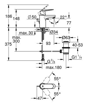 GROHE EUROSMART COSMOPOLITAN umyvadlová stojánková baterie, s odtokovou soupravou, chrom 3282500E Technický nákres