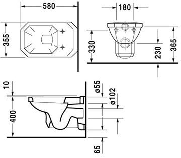 DURAVIT 1930 závěsné WC 0182090000 Technický nákres
