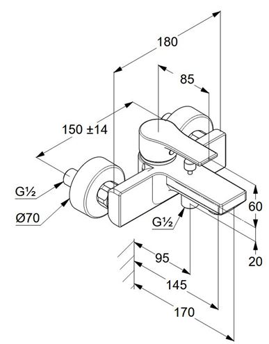 KLUDI ZENTA SL vanová nástěnná baterie, s přepínačem, chrom 486700565 Technický nákres