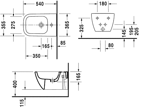 DURAVIT HAPPY D.2 závěsný bidet 2258150000 Technický nákres