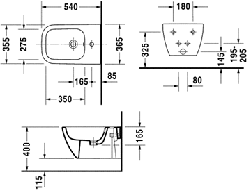 DURAVIT HAPPY D.2 závěsný bidet 2258150000 Technický nákres