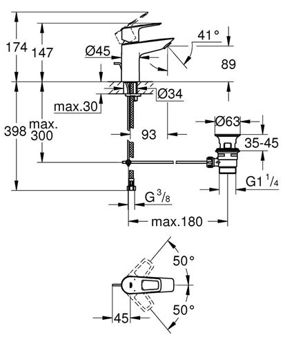 GROHE BAULOOP umyvadlová stojánková baterie, s odtokovou soupravou, chrom 23335001 Technický nákres