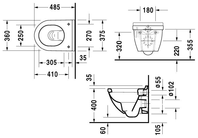 DURAVIT STARCK 3 závěsné WC 2227090000 Technický nákres