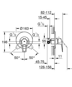 GROHE BAULOOP sprchová podomítková baterie, s tělesem, chrom 29080001 Technický nákres