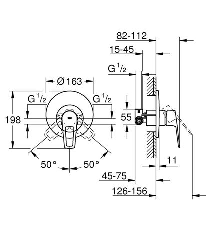 GROHE BAULOOP sprchová podomítková baterie, s tělesem, chrom 29080001 Technický nákres