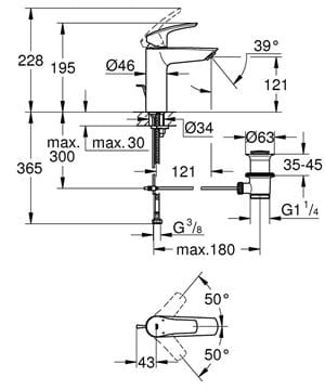 GROHE EUROSMART umyvadlová stojánková baterie, s odtokovou soupravou, chrom 23322003 Technický nákres