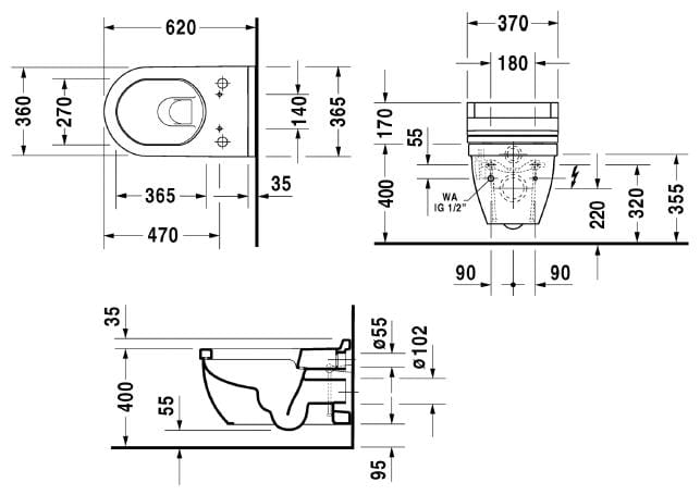 DURAVIT STARCK 3 závěsné WC pro bidetové sedátko SensoWash 2226590000 Technický nákres