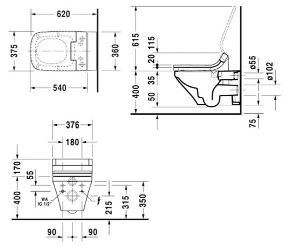 DURAVIT DURASTYLE závěsné WC pro bidetové sedátko SensoWash, Rimless splachování 2542590000 Technický nákres