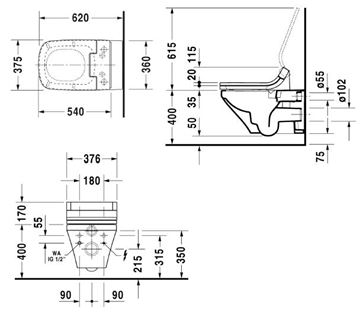 DURAVIT DURASTYLE závěsné WC pro bidetové sedátko SensoWash, Rimless splachování 2542590000 Technický nákres