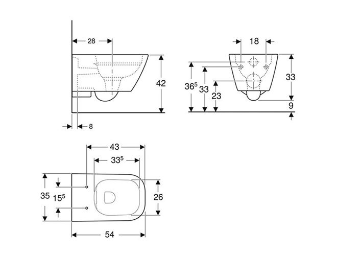 GEBERIT SMYLE SQUARE závěsné WC, Rimfree splachování 500.208.01.1 Technický nákres