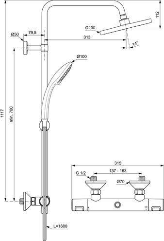 IDEAL STANDARD CERATHERM sprchový set s termostatickou baterií, horní sprcha, ruční sprcha se 3 proudy, tyč, hadice, chrom A7208AA Technický nákres
