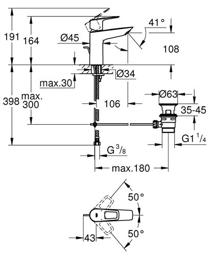 GROHE BAULOOP umyvadlova stojánková baterie, s odtokovou soupravou, chrom 23762001 Technický nákres