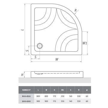 ROTH HAWAII-P sprchová vanička 90x90 cm, R550, akrylát, s nosičem 8000025 Technický nákres