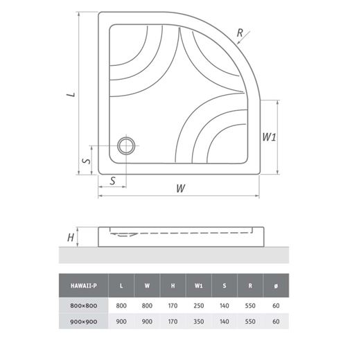 ROTH HAWAII-P sprchová vanička 90x90 cm, R550, akrylát, s nosičem 8000025 Technický nákres