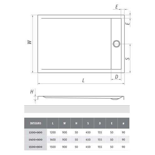 ROTH INTEGRO sprchová vanička 120x90 cm, akrylát, bez nožiček 8000169 Technický nákres