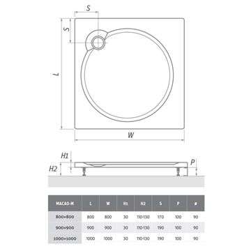 ROTH MACAO-M sprchová vanička 90x90 cm, litý mramor, s nožičkami, s protiskluzem 8000063 Technický nákres