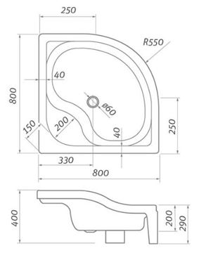 ROTH SEMIDEEP NEO sprchová vanička 80x80 cm, R550, akrylát, bez nožiček 8000197 Technický nákres