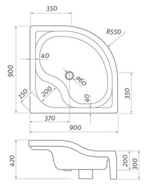 ROTH SEMIDEEP NEO sprchová vanička 90x90 cm, R550, akrylát, bez nožiček 8000198 Technický nákres