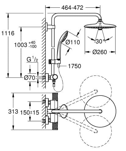 GROHE EUPHORIA SYSTEM 260 sprchový set s termostatickou baterií, horní sprcha, ruční sprcha se 3 proudy, tyč, hadice, chrom 27296003 Technický nákres