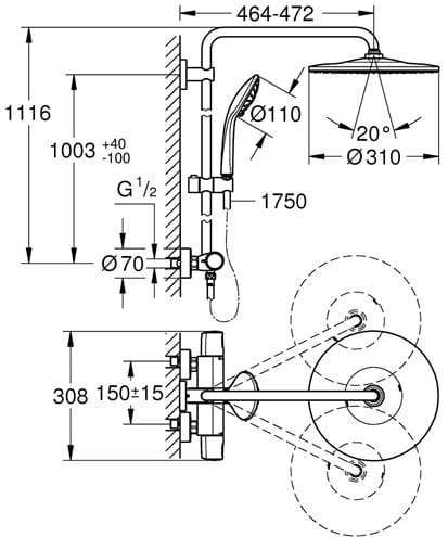 GROHE EUPHORIA SYSTEM 310 sprchový set s termostatickou baterií, horní sprcha, ruční sprcha se 3 proudy, tyč, hadice, chrom 26075001 Technický nákres