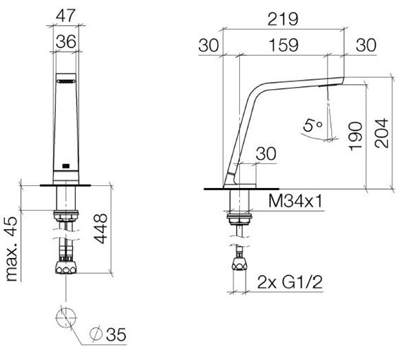 DORNBRACHT CL.1 umyvadlová baterie, chrom 13 715 705-00 Technický nákres