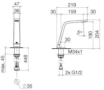 DORNBRACHT CL.1 umyvadlová baterie, chrom 13 715 705-00 Technický nákres