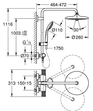 GROHE EUPHORIA SYSTEM 260 sprchový set s termostatickou baterií, horní sprcha, ruční sprcha se 3 proudy, tyč, hadice, chrom 27615002 Technický nákres