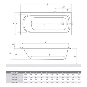 ROTH VANESSA NEO 170 čelní panel k vaně 170x53 cm 8950001 Technický nákres