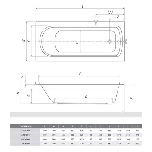 ROTH VANESSA NEO 170 čelní panel k vaně 170x53 cm 8950001 Technický nákres