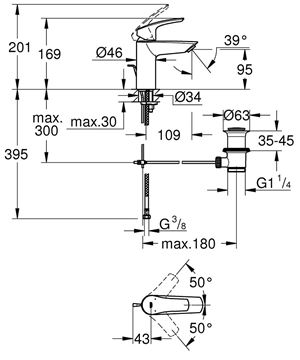 GROHE EUROSMART umyvadlová stojánková baterie, s odtokovou soupravou, chrom 33265003 Technický nákres
