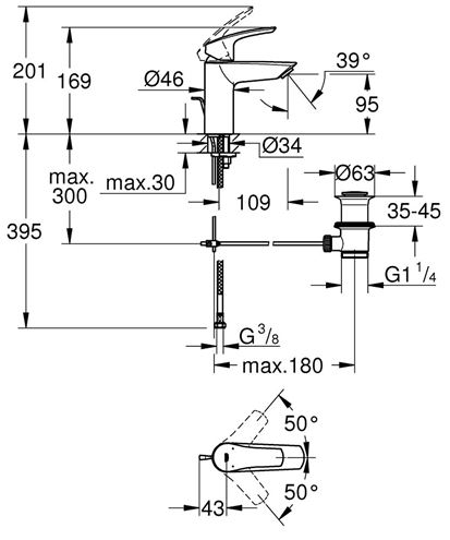 GROHE EUROSMART umyvadlová stojánková baterie, s odtokovou soupravou, chrom 33265003 Technický nákres