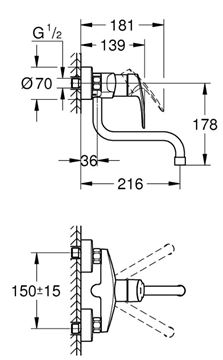 GROHE EUROSMART dřezová nástěnná baterie, chrom 31391003 Technický nákres