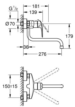 GROHE EUROSMART dřezová nástěnná baterie, chrom 32224003 Technický nákres
