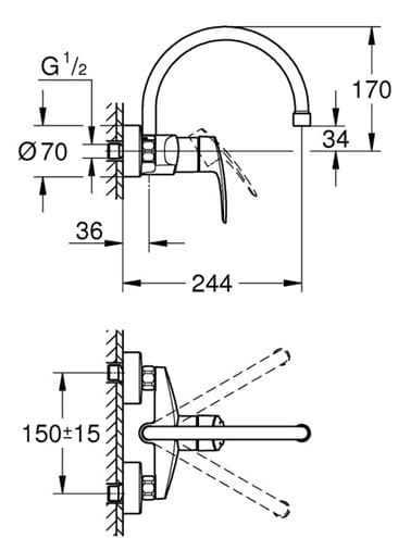 GROHE EUROSMART dřezová nástěnná baterie, chrom 32482003 Technický nákres