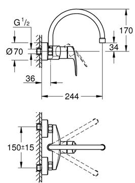 GROHE EUROSMART dřezová nástěnná baterie, chrom 32482003 Technický nákres