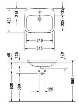 DURAVIT DURASTYLE umyvadlo 61,5 cm, s otvorem pro baterii a přepadem 0374620000 Technický nákres